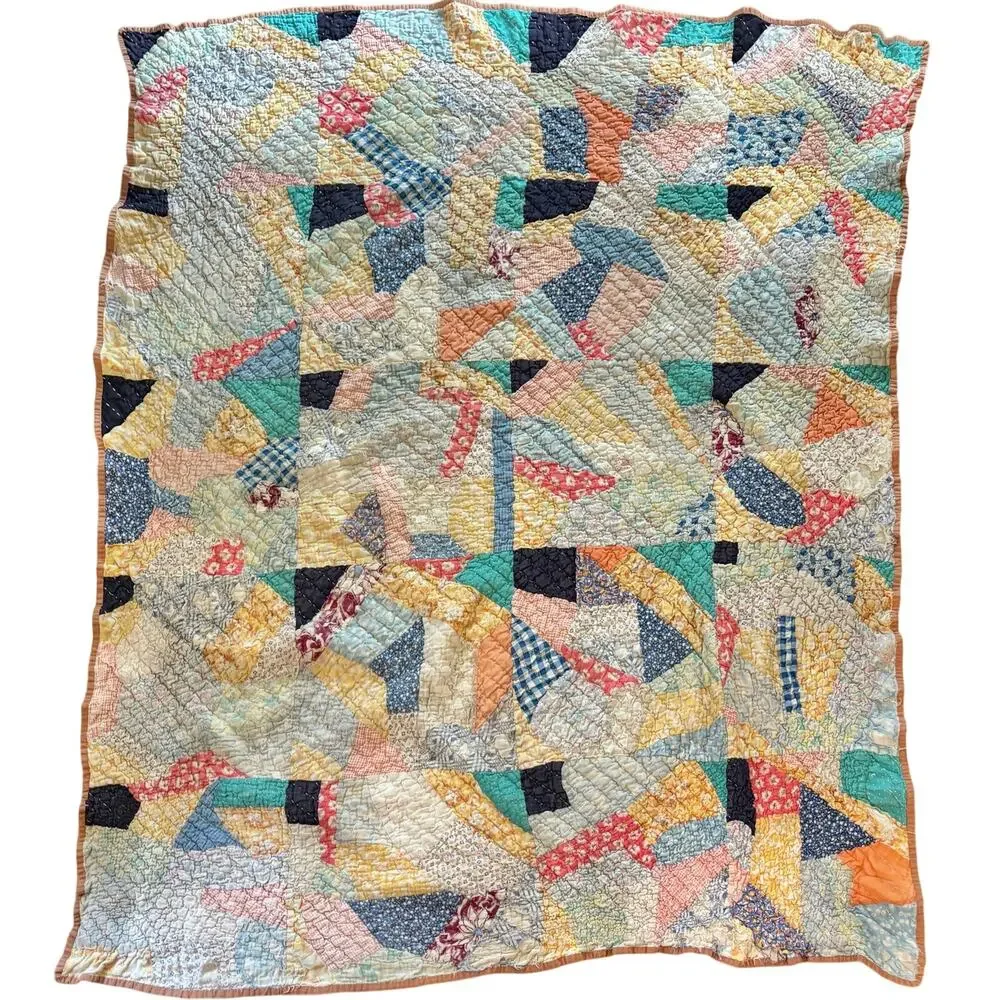 Vtg Crazy Patchwork Quilt Handmade Scrunchy Cotton Colorful 54x69” Feedsack?